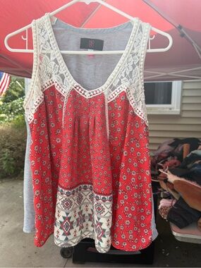 NOBO Red Floral Lace-Trim Tank Top